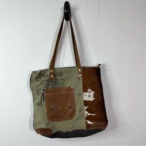Myra Upcycled Canvas & Leather Tote Bag – Cowhide Accent – Rustic Boho